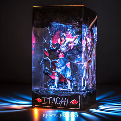 Black-cloaked crow ninja before a crimson moon handmade epoxy resin LED lamp on a wooden base – size and scale view