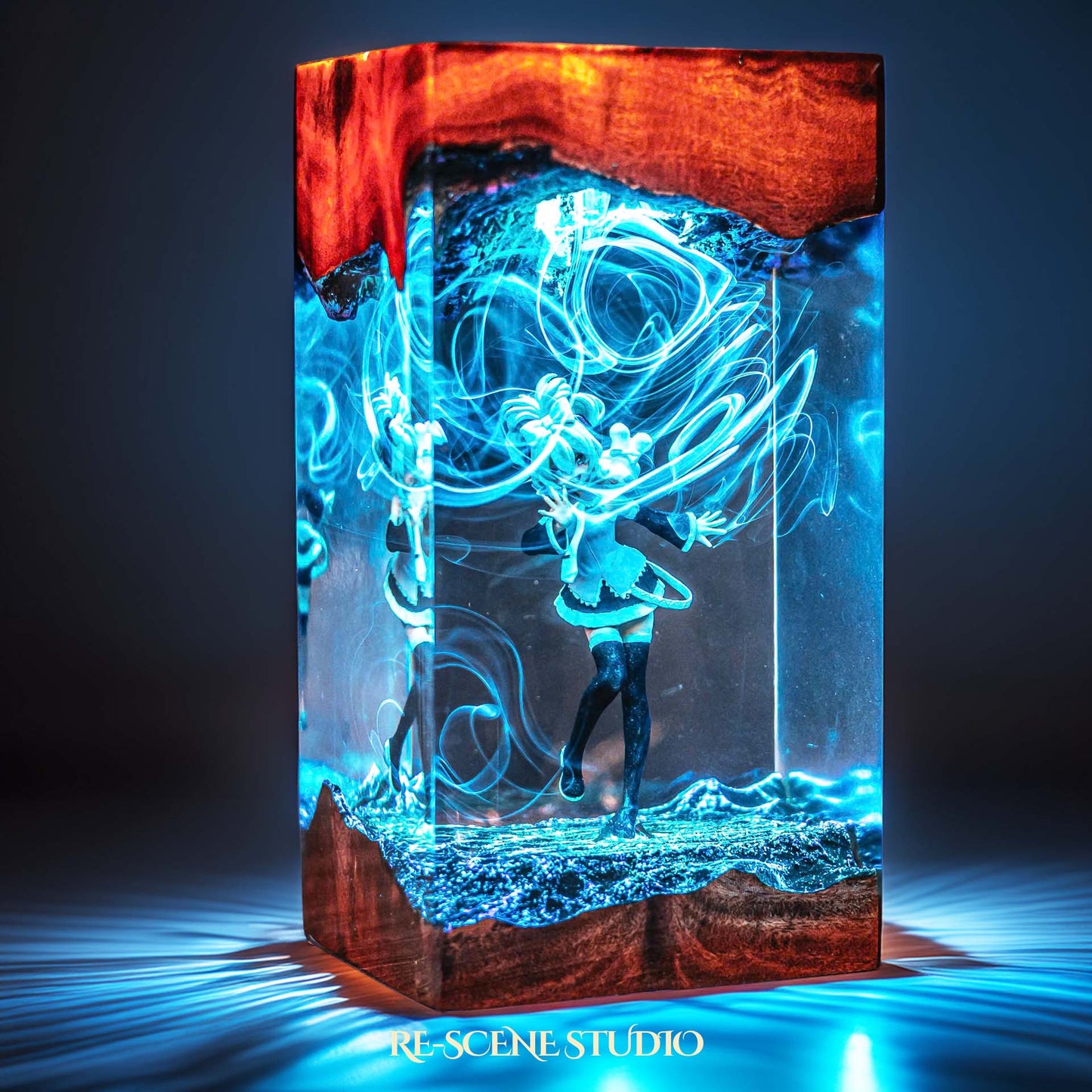 Teal twin-tailed virtual idol dancing handmade epoxy resin LED lamp on a wooden base – size and scale view