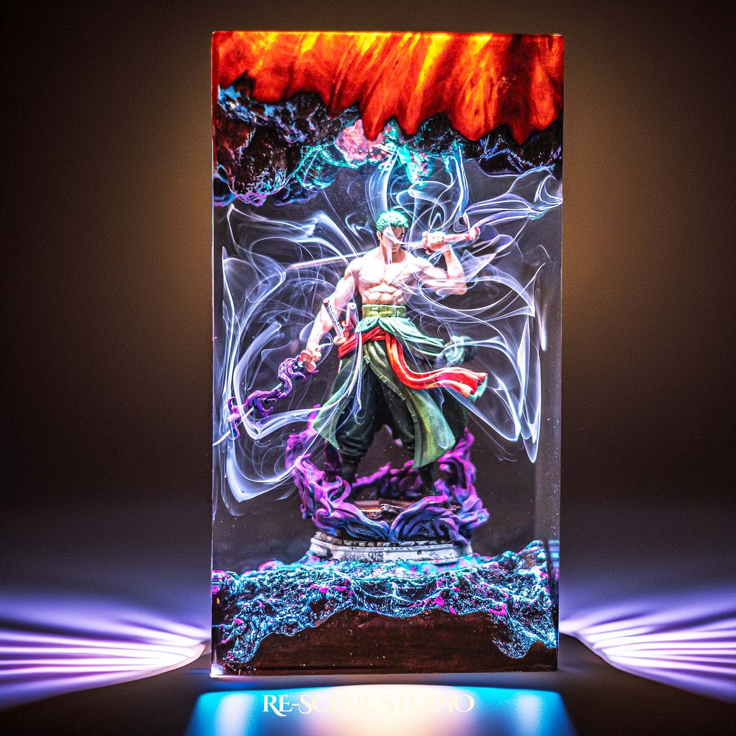 Green-clad three-sword swordsman mid-stance handmade epoxy resin LED lamp on a wooden base – close-up resin detail