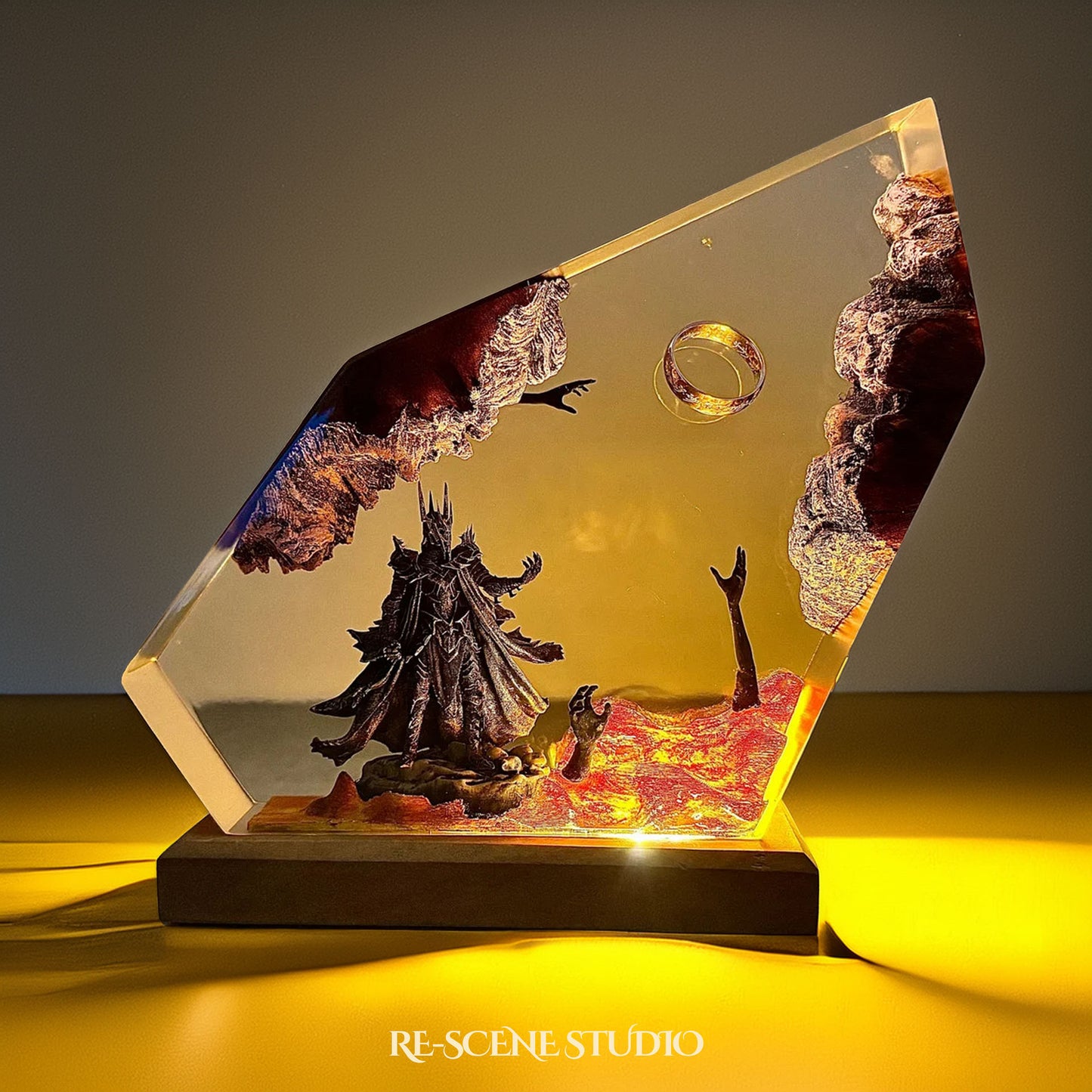 Sauron Dark Lord resin lamp showcasing armored Dark Lord silhouette and fiery orange glow