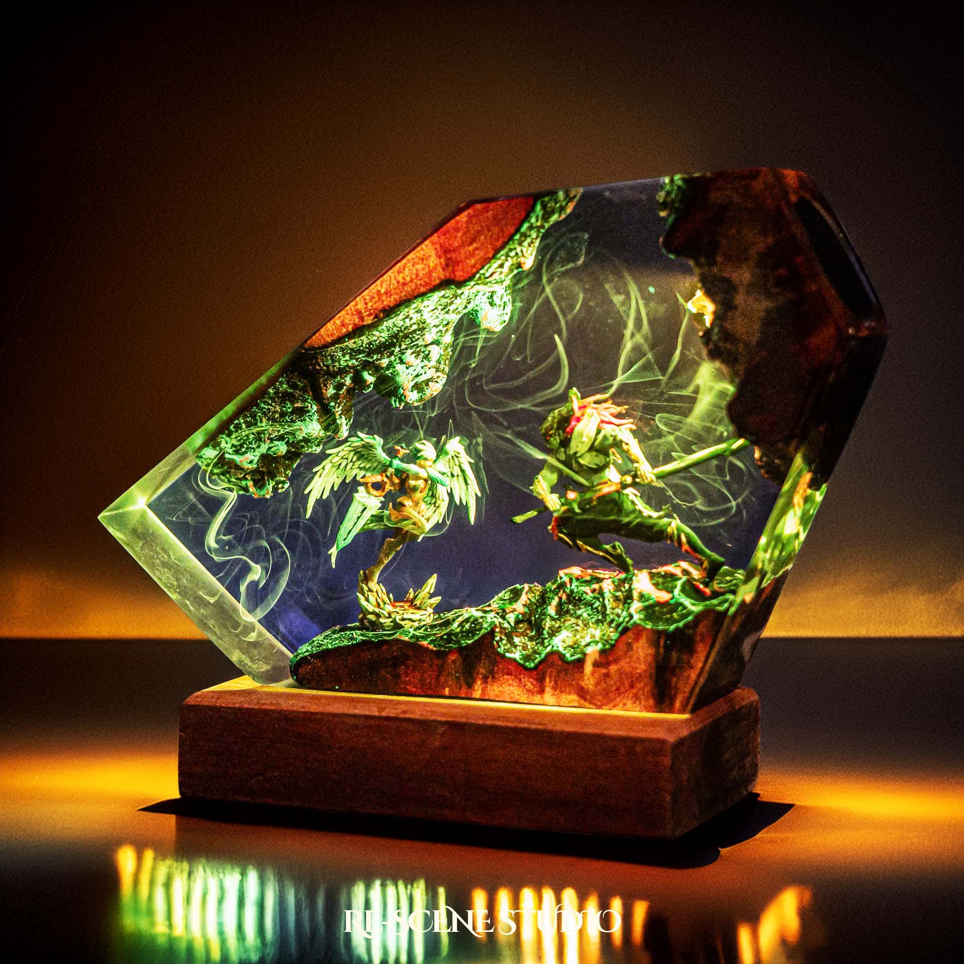 Broken-blade warrior dueling a wind swordsman handmade epoxy resin LED lamp on a wooden base – front view, lit
