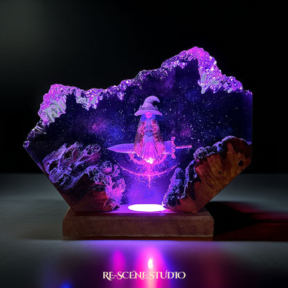 Top view of Ranni the Witch resin lamp on natural wood base