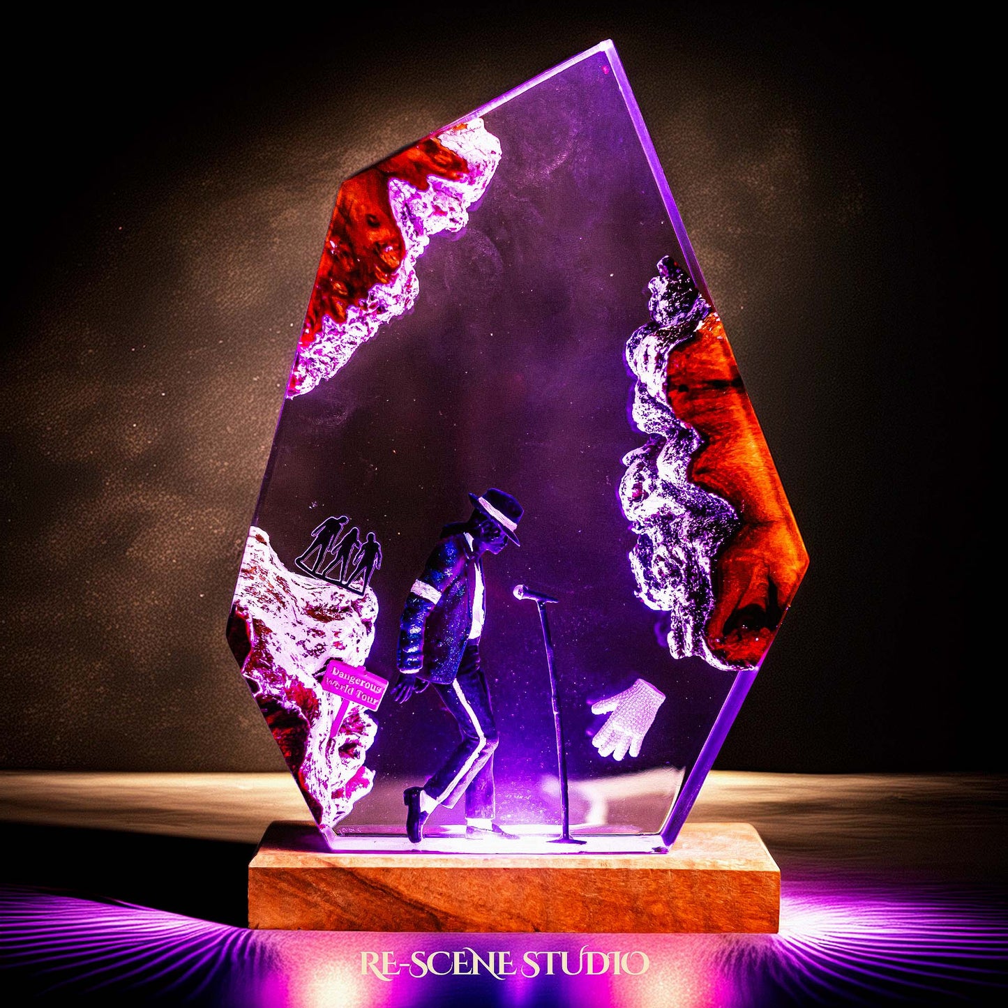 Handmade epoxy resin table lamp showing a dancer in a fedora and sparkling jacket leaning toward a microphone stand under a spotlight, on a natural wood LED base (view 2)