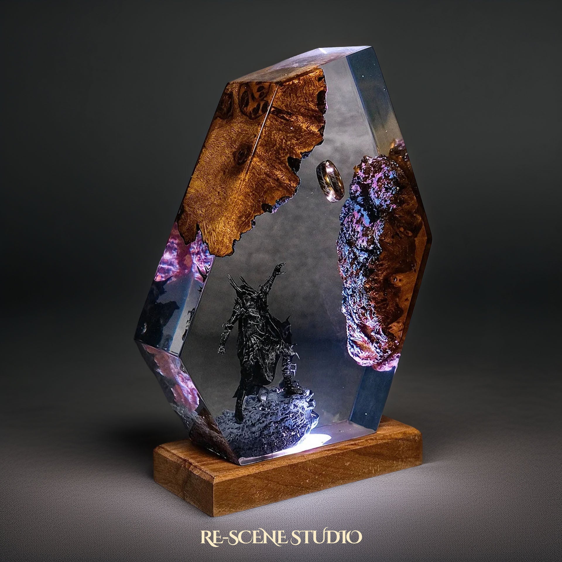 Sauron Hexagon resin lamp lit at night with atmospheric mood glow