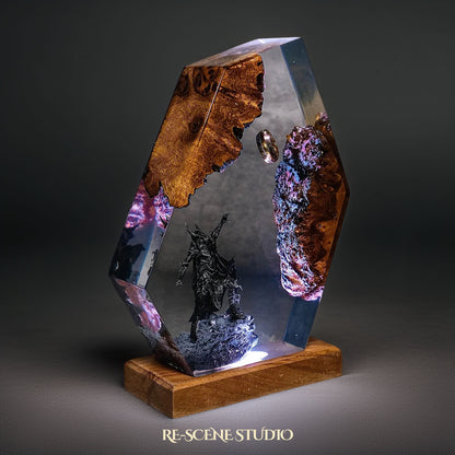 Sauron Hexagon resin lamp lit at night with atmospheric mood glow