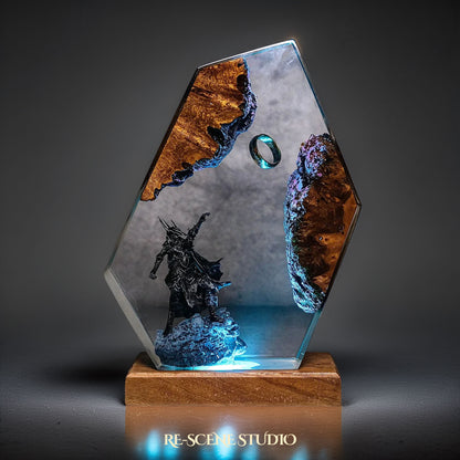 Top view of Sauron Hexagon resin lamp on natural wood base