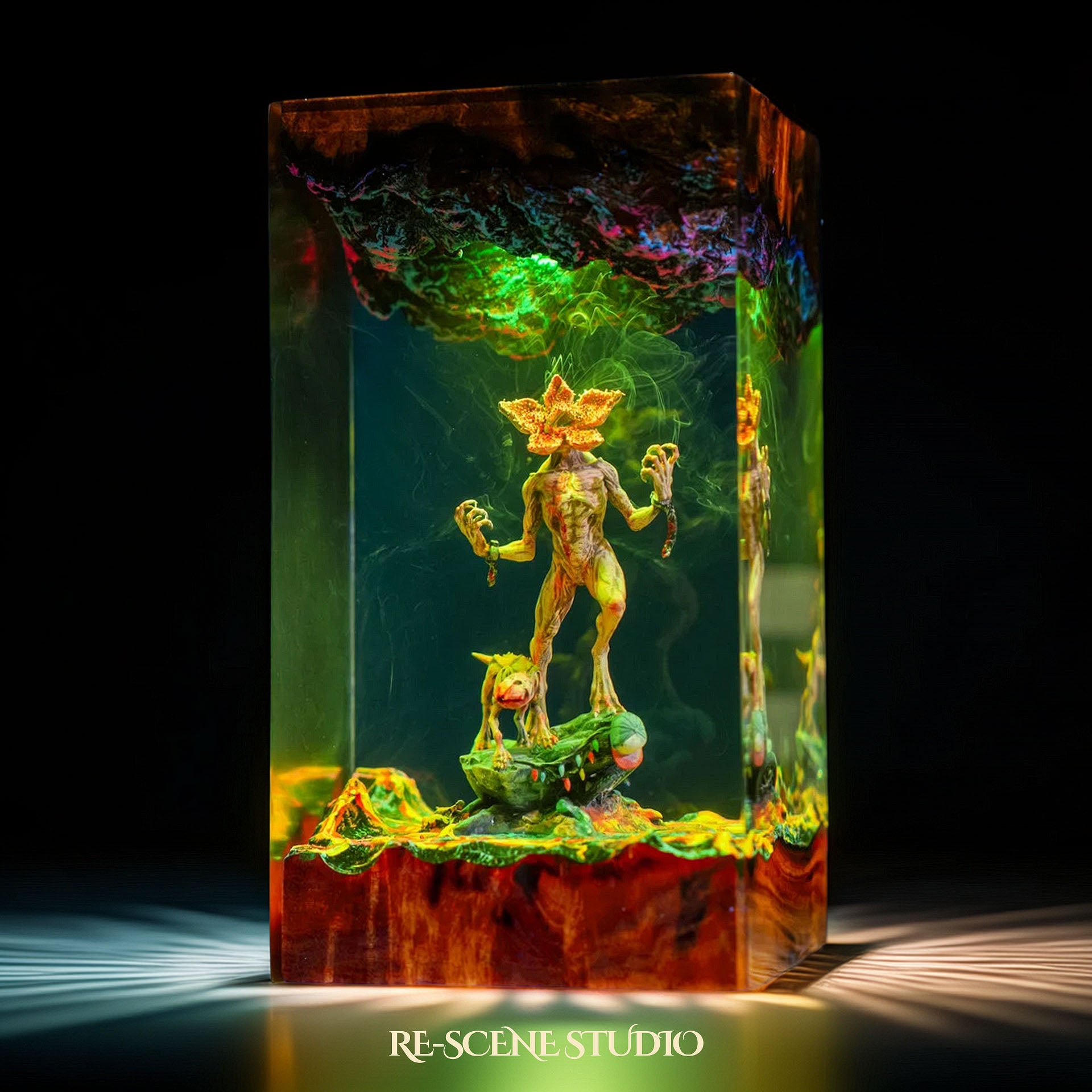 Demogorgon resin lamp detail shot capturing scene in clear epoxy resin