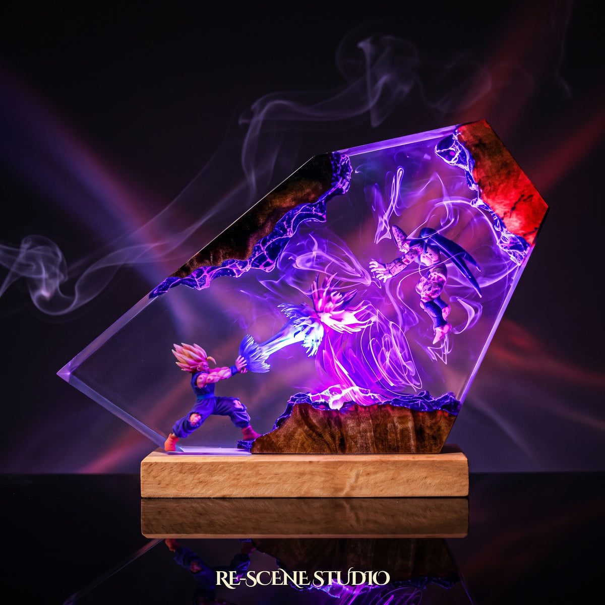 Gohan vs Cell Resin Lamp lit up in the dark — Dragon Ball resin diorama lamp for desk or shelf