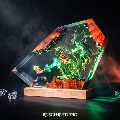 Close look at the Gohan vs Cell Resin Lamp, a handcrafted Dragon Ball epoxy resin LED lamp