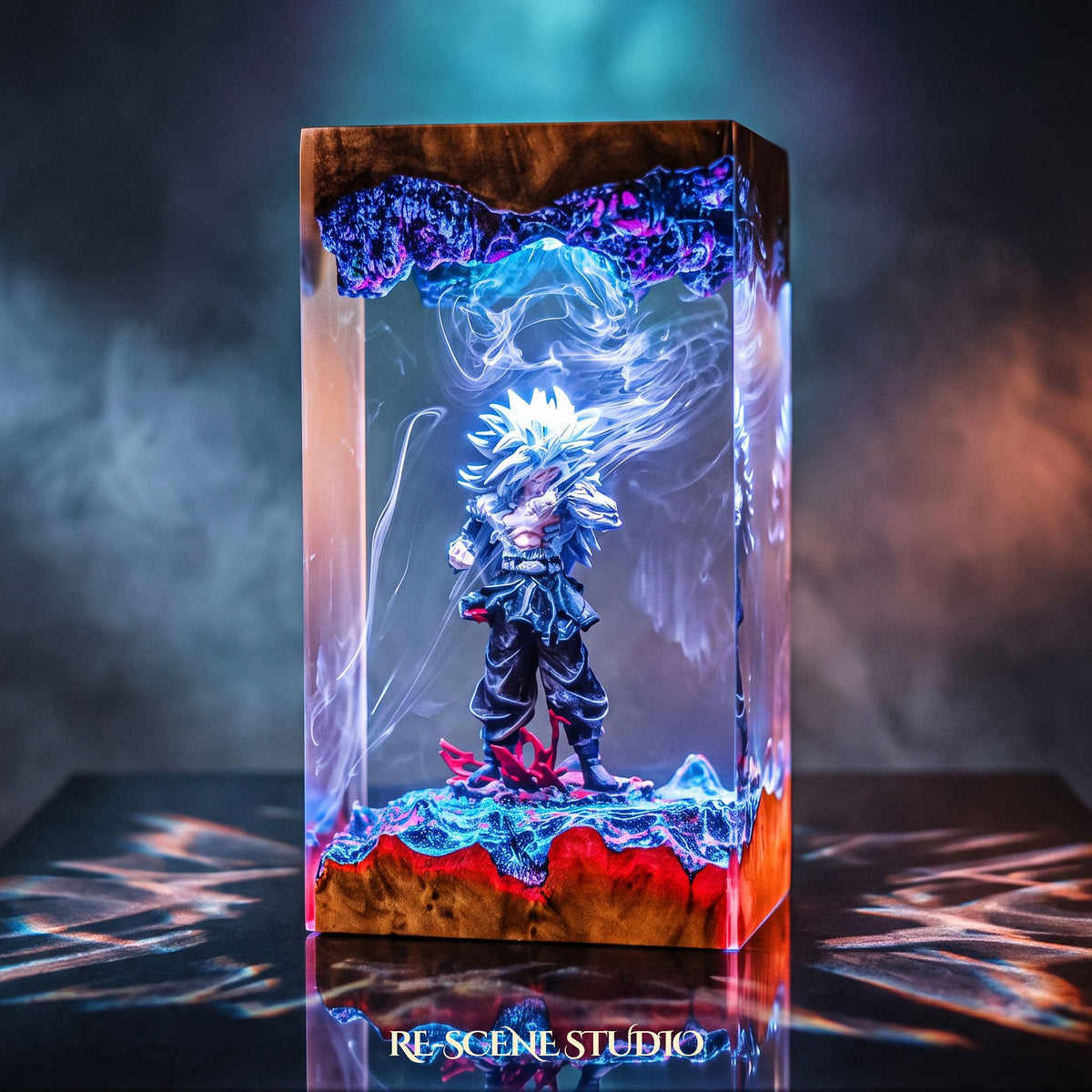 Dragon Ball collectible: the Goku Super Saiyan 5 Resin Lamp V2, handmade on a wooden base