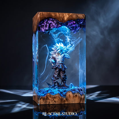 Goku Super Saiyan 5 Resin Lamp V2 lit up in the dark — Dragon Ball resin diorama lamp for desk or shelf