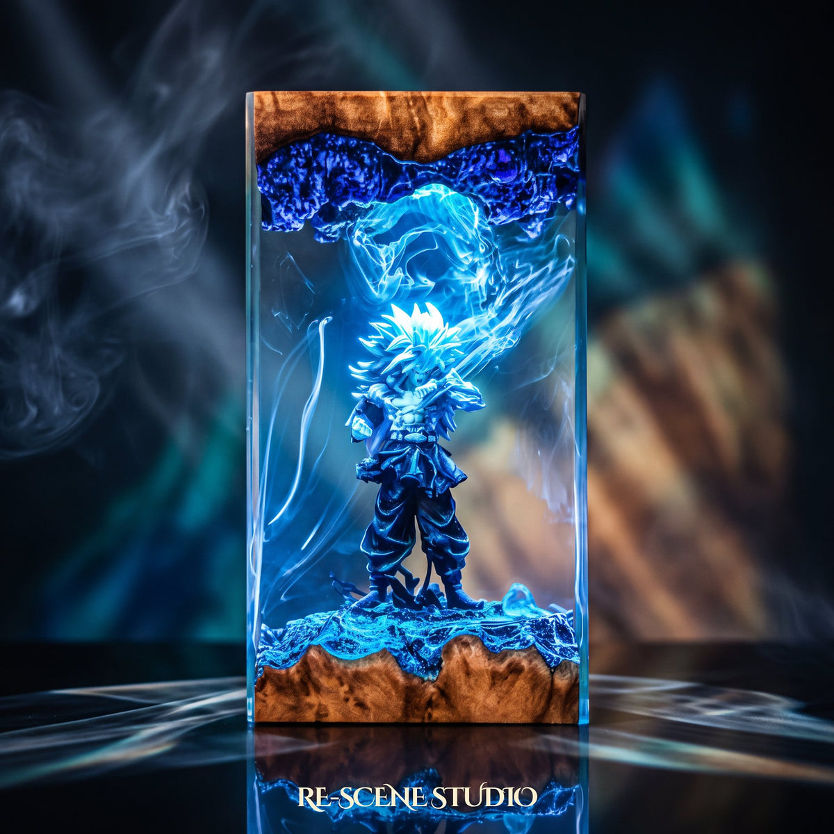 Goku Super Saiyan 5 Resin Lamp V2 from another angle — handmade Dragon Ball LED resin lamp by Rescene Studio