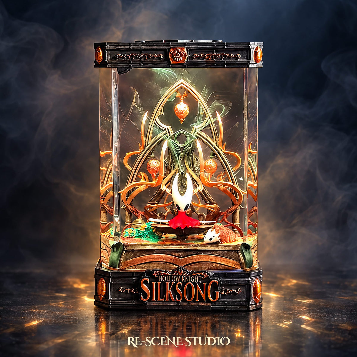 Hornet Resin Lamp V4 lit up in the dark — wireless Hollow Knight: Silksong resin diorama lamp