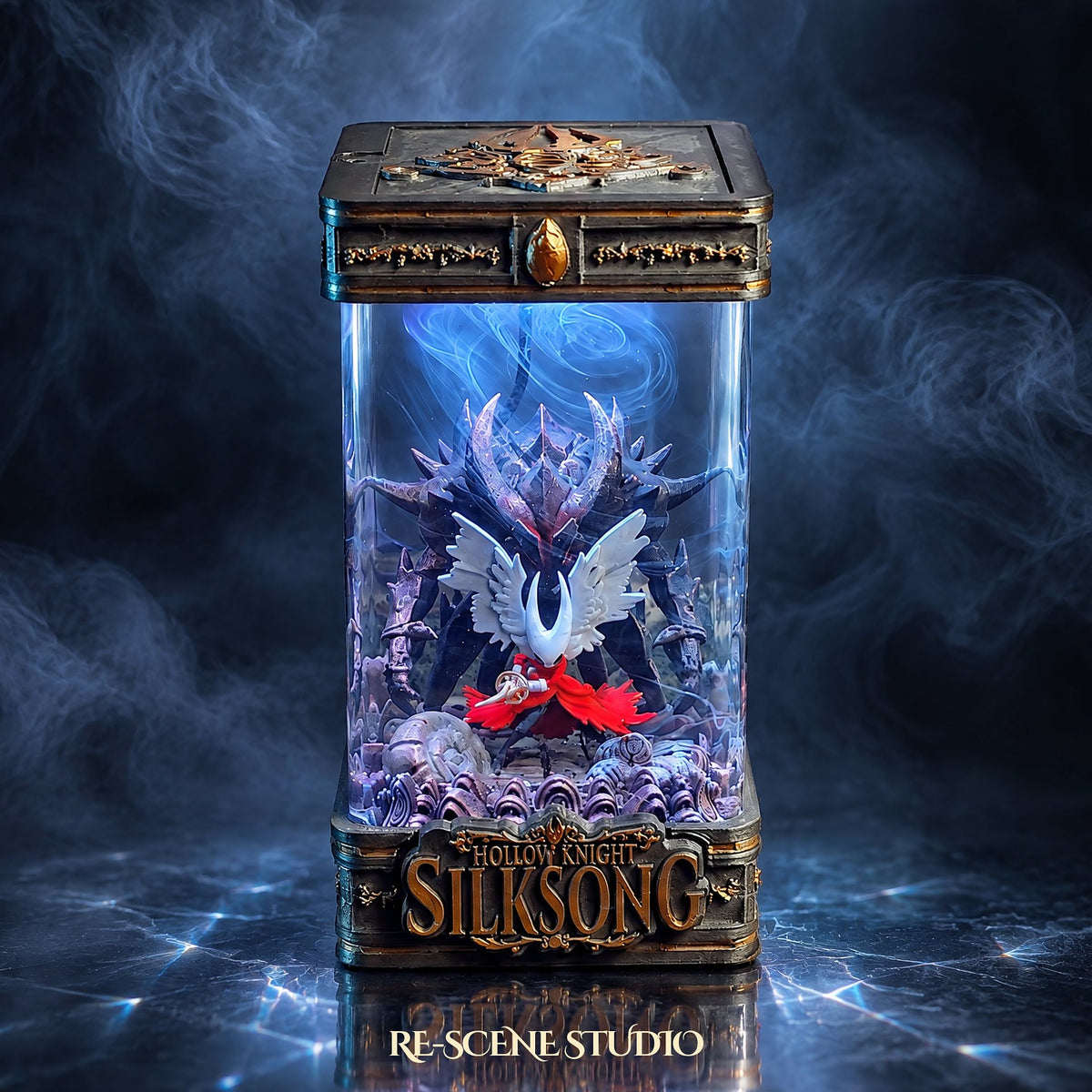 Hornet Resin Lamp V6 lit up in the dark — wireless Hollow Knight: Silksong resin diorama lamp