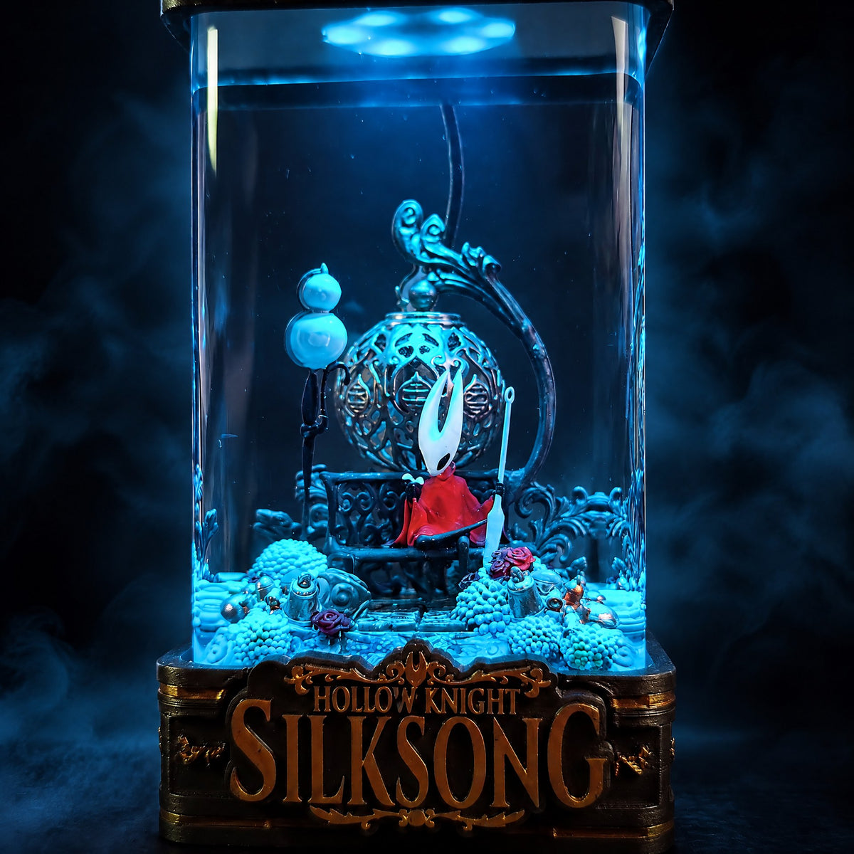 Close-up of Hornet inside the Hornet Resin Lamp V7 — Hollow Knight: Silksong detail in clear epoxy resin