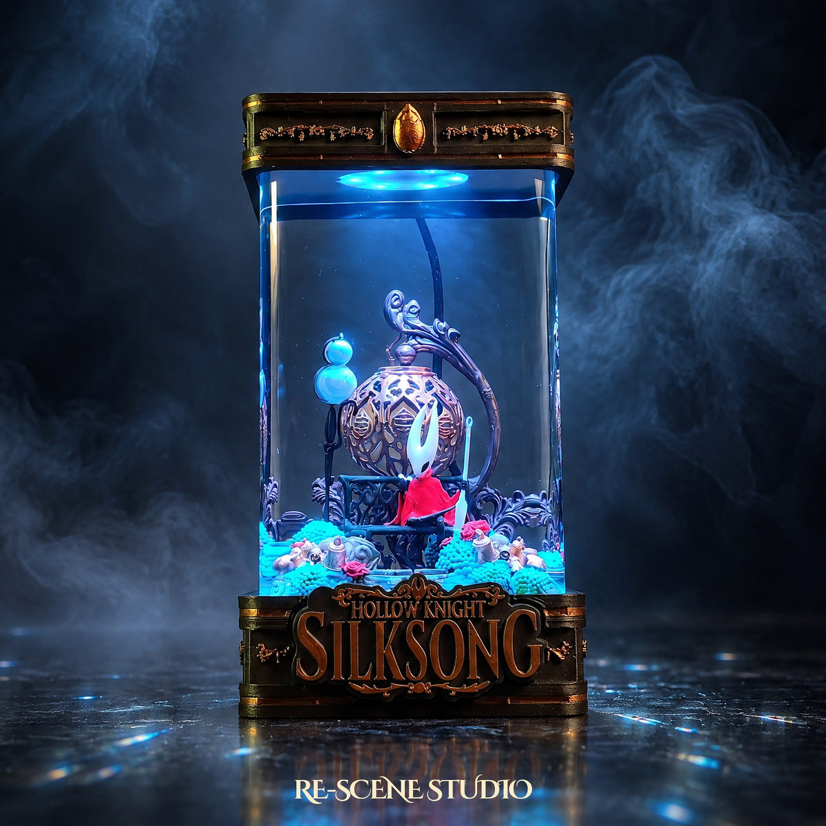 Hornet Resin Lamp V7 lit up in the dark — wireless Hollow Knight: Silksong resin diorama lamp