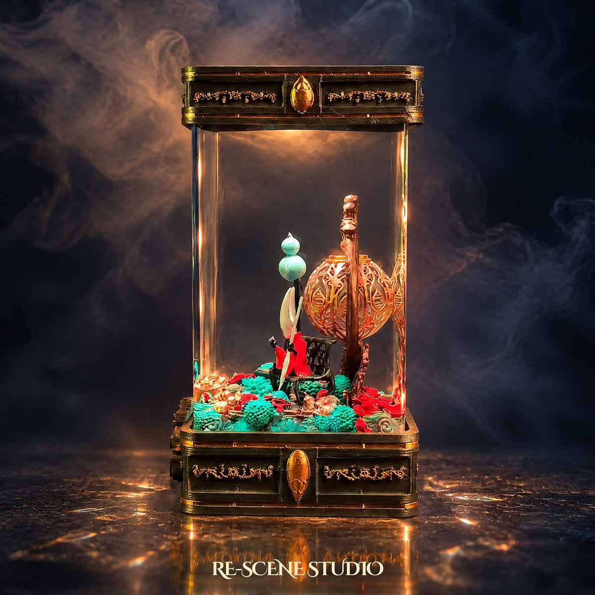 Hornet Resin Lamp V7 display shot — Hollow Knight: Silksong diorama with ornate cap and base