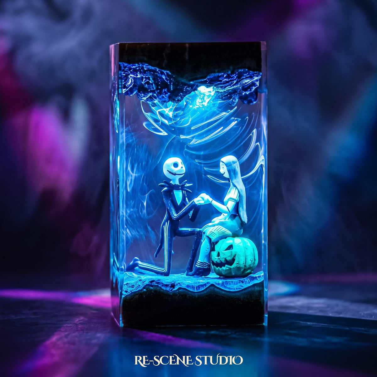 Jack & Sally Resin Lamp V1 lit up in the dark — Nightmare Before Christmas resin diorama lamp for desk or shelf
