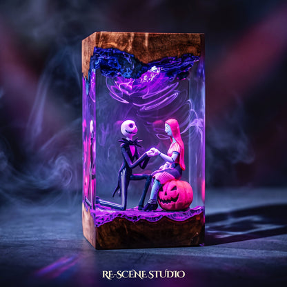 Close look at the Jack & Sally Resin Lamp V1, a handcrafted Nightmare Before Christmas epoxy resin LED lamp