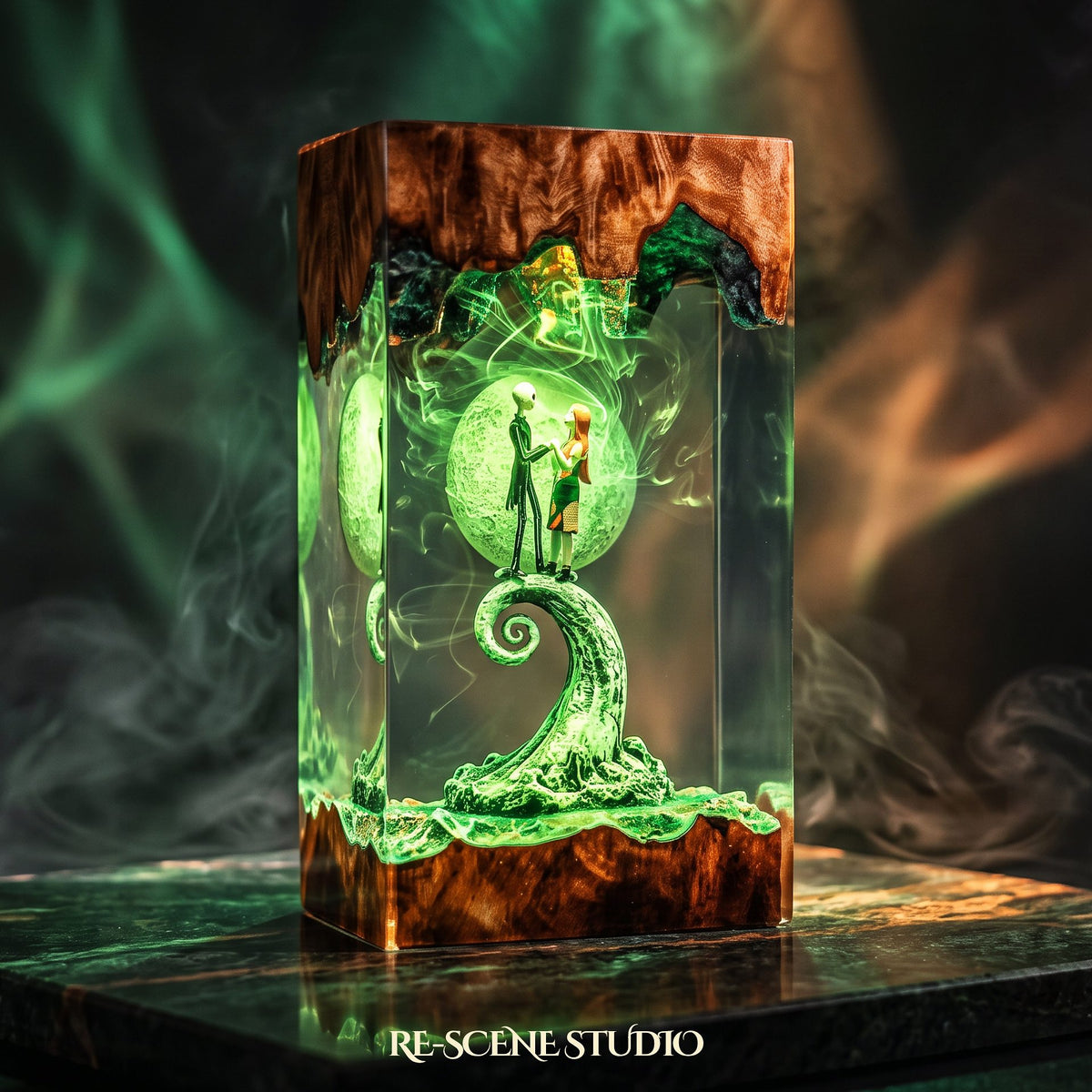 Nightmare Before Christmas collectible: the Jack & Sally Resin Lamp V2, handmade on a wooden base