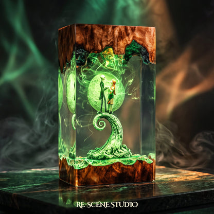 Nightmare Before Christmas collectible: the Jack & Sally Resin Lamp V2, handmade on a wooden base