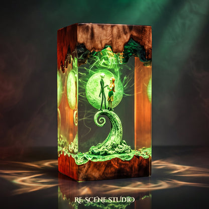 Close look at the Jack & Sally Resin Lamp V2, a handcrafted Nightmare Before Christmas epoxy resin LED lamp