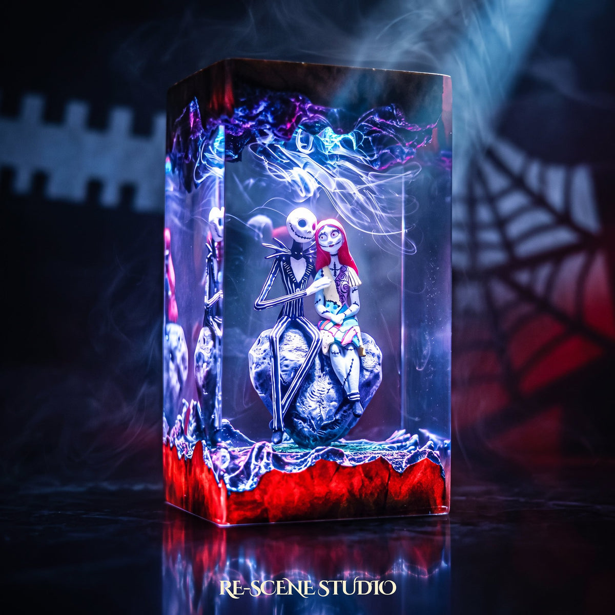 Nightmare Before Christmas collectible: the Jack & Sally Resin Lamp V3, handmade on a wooden base