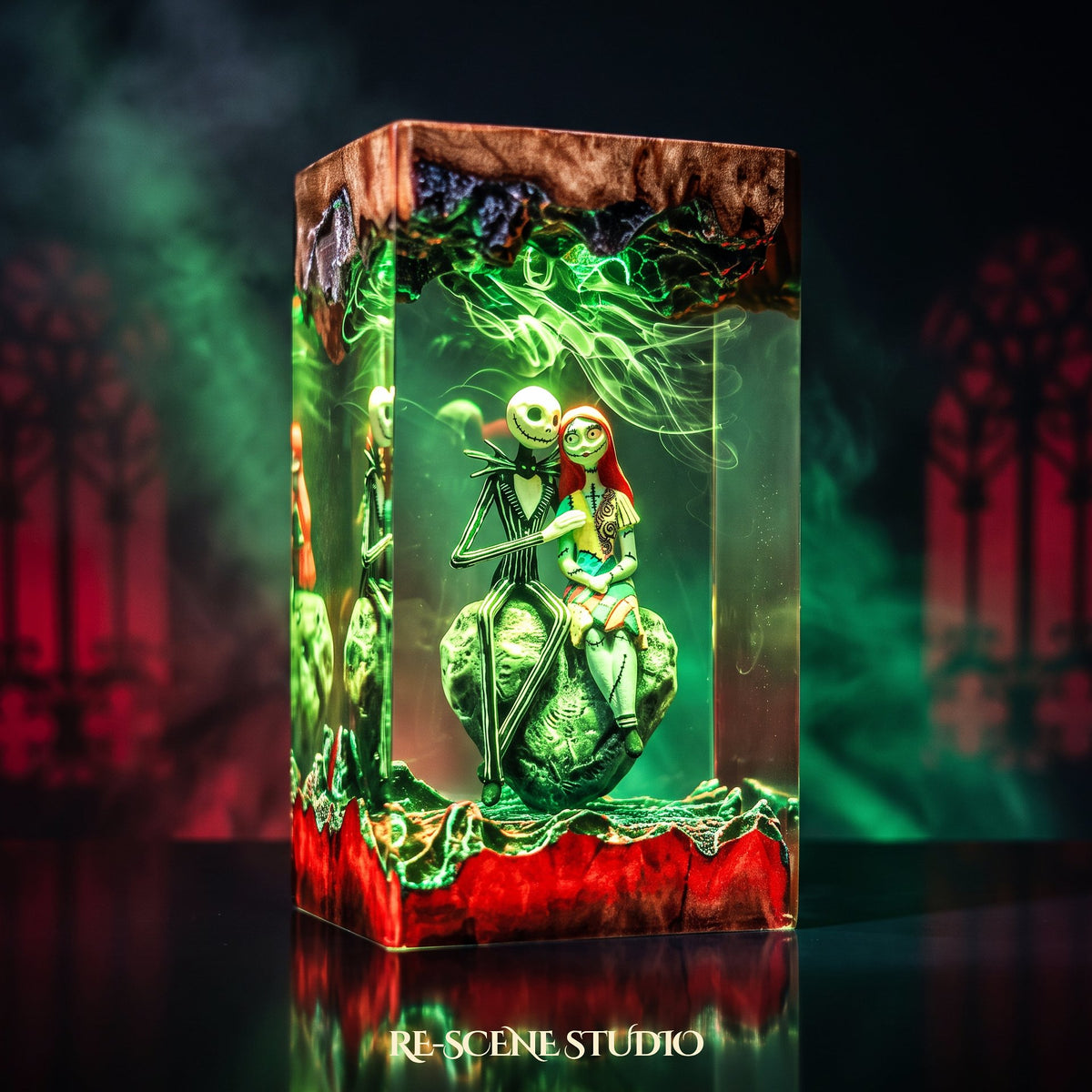 Glowing Jack & Sally Resin Lamp V3: Nightmare Before Christmas fan decor sealed in crystal-clear epoxy resin