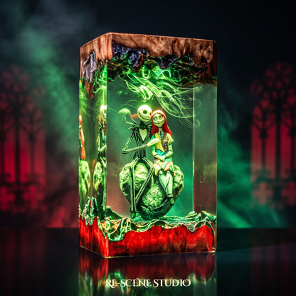 Glowing Jack & Sally Resin Lamp V3: Nightmare Before Christmas fan decor sealed in crystal-clear epoxy resin