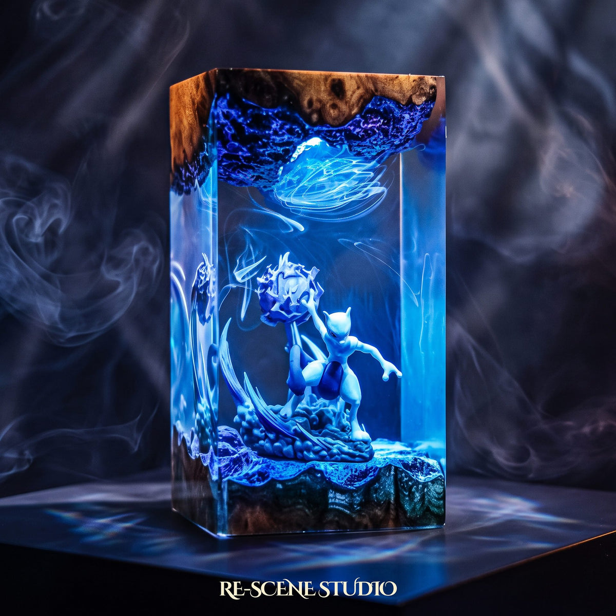 Pokemon collectible: the Mewtwo Resin Lamp V3, handmade on a wooden base