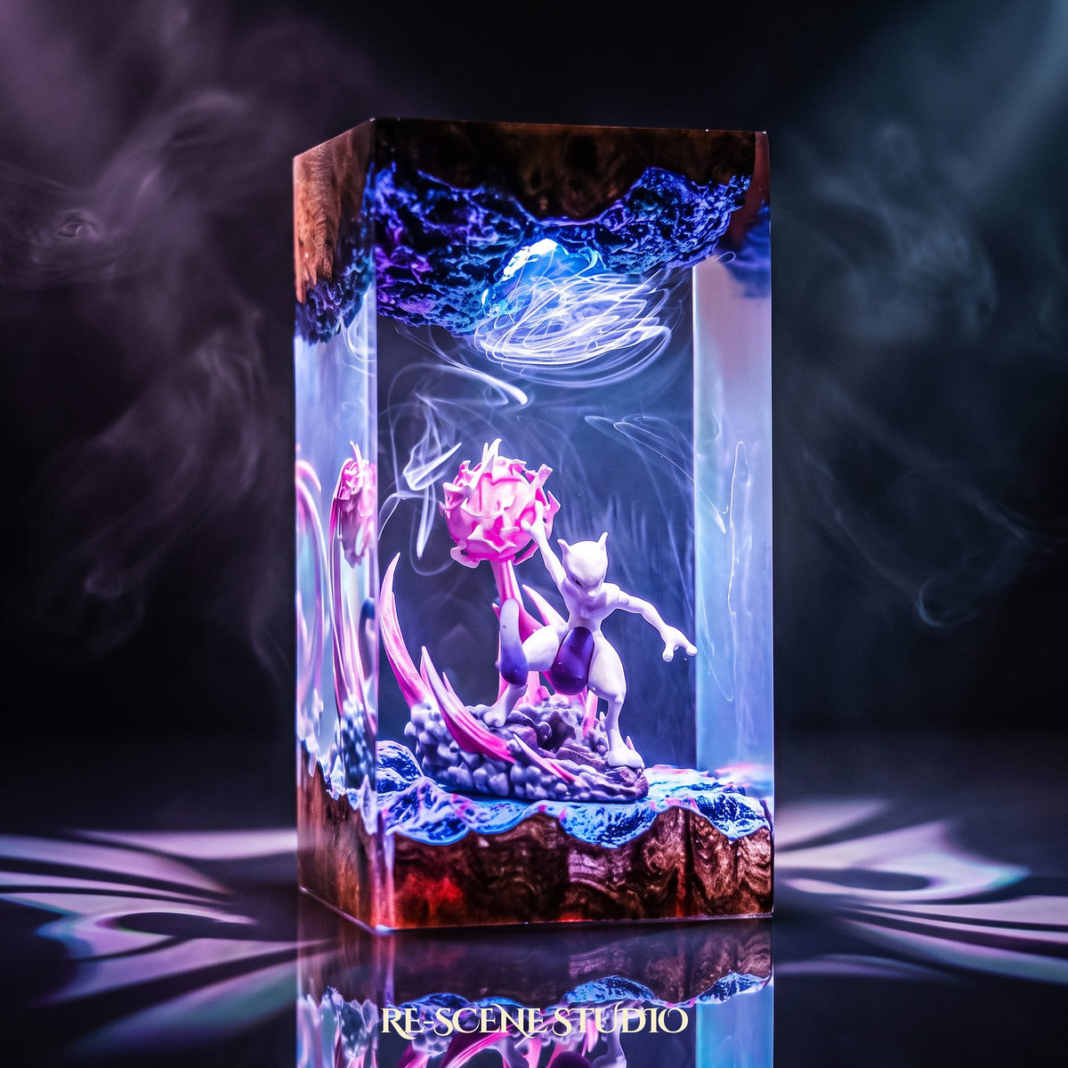 Mewtwo Resin Lamp V3 lit up in the dark — Pokemon resin diorama lamp for desk or shelf