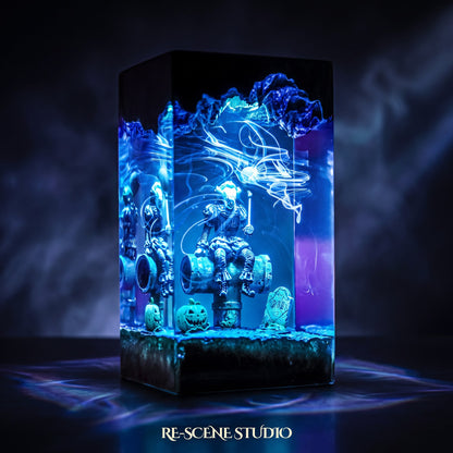 Pennywise Resin Lamp V2 lit up in the dark — Stephen King's IT resin diorama lamp for desk or shelf