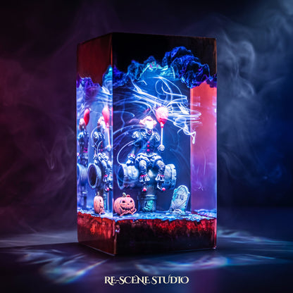 Close look at the Pennywise Resin Lamp V2, a handcrafted Stephen King's IT epoxy resin LED lamp