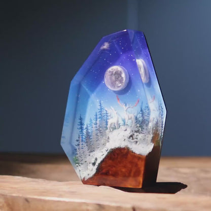 Deer on Snowy Mountain Resin Lamp