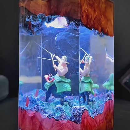 Roronoa Zoro Resin Lamp V1 video, see the One Piece epoxy resin lamp glow and cycle through RGB colors