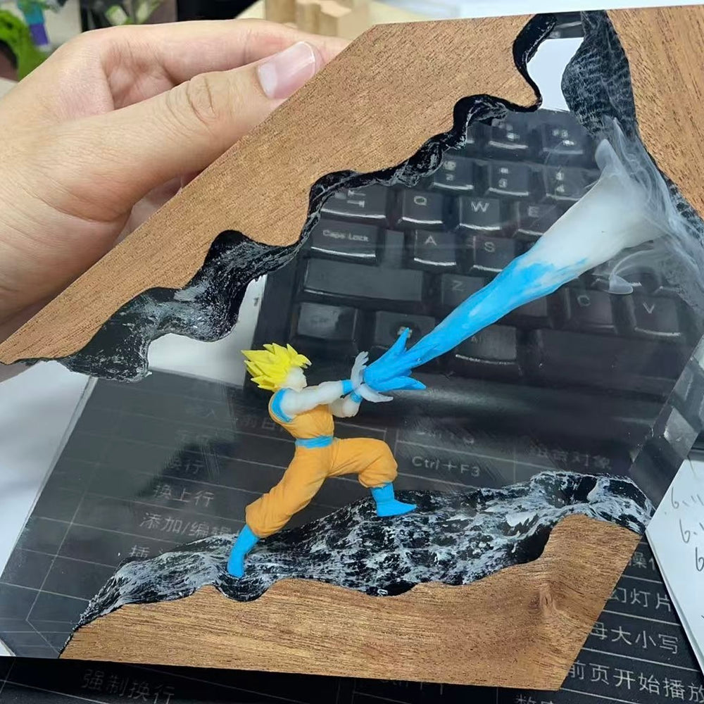 Hand holding a figurine of a character with blue energy blast on a wooden base.