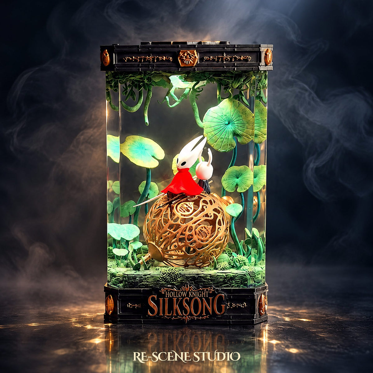 Hollow Knight: Silksong collectible — the Knight & Hornet Resin Lamp V2 on its ornate Silksong-lettered base