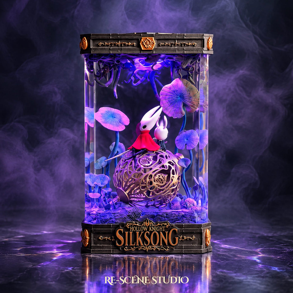 The Knight & Hornet Resin Lamp V2 lit up in the dark — wireless Hollow Knight: Silksong resin diorama lamp